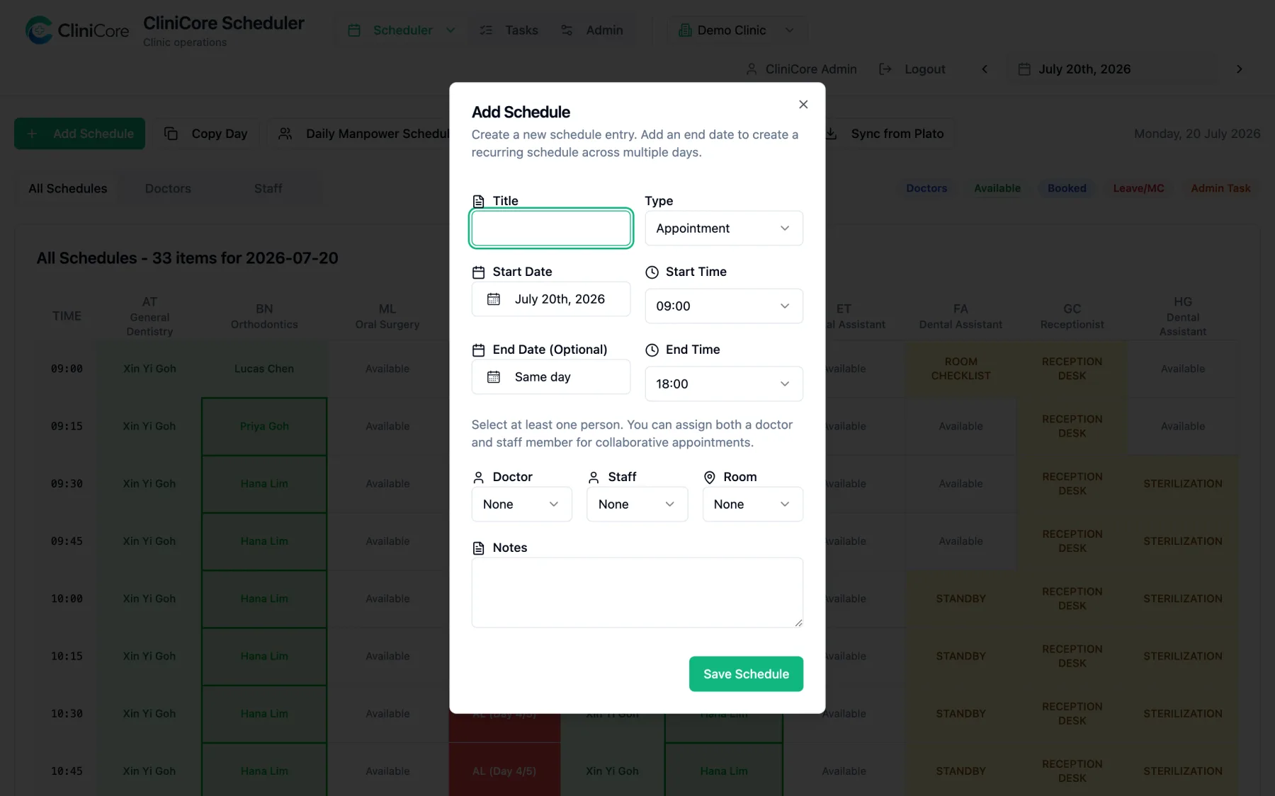 The Add Schedule dialog: title, type, dates and times, optional end date for multi-day entries, doctor, staff and room selection