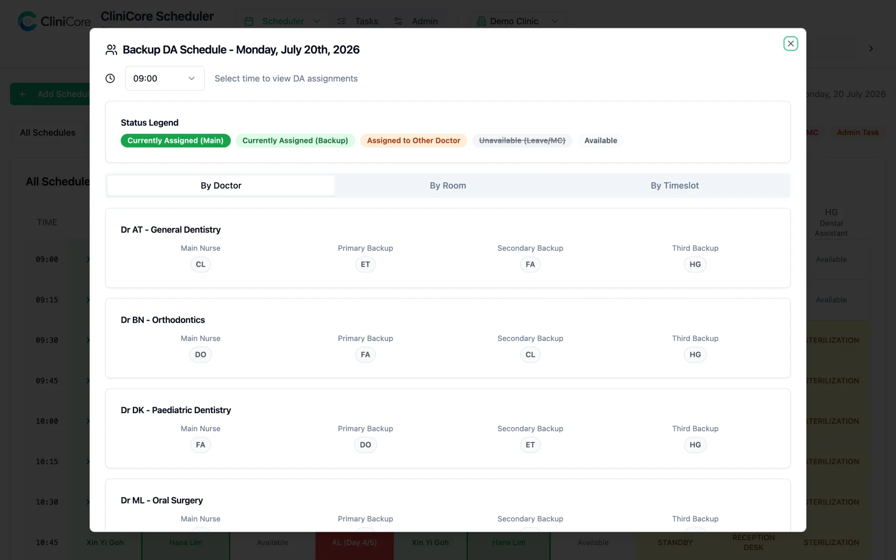 The Backup DA Schedule view showing each doctor's main assistant and ranked backups with a live status legend