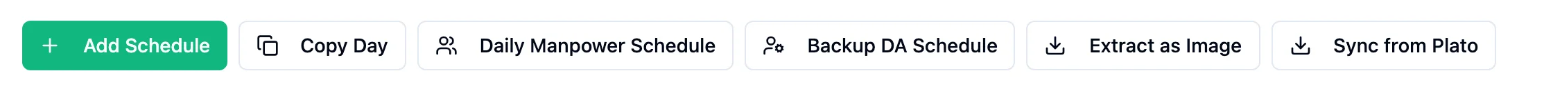 The scheduler action bar with Add Schedule, Copy Day, Daily Manpower Schedule, Backup DA Schedule, Extract as Image and Sync from Plato buttons