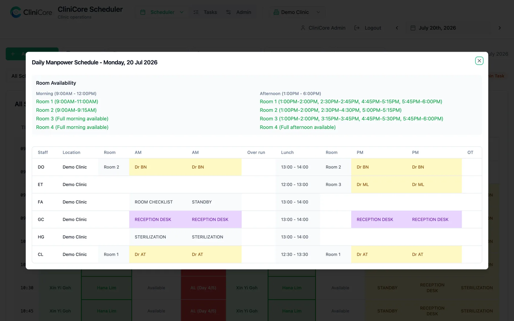 The Daily Manpower Schedule popup showing room availability for morning and afternoon plus each assistant's assignment