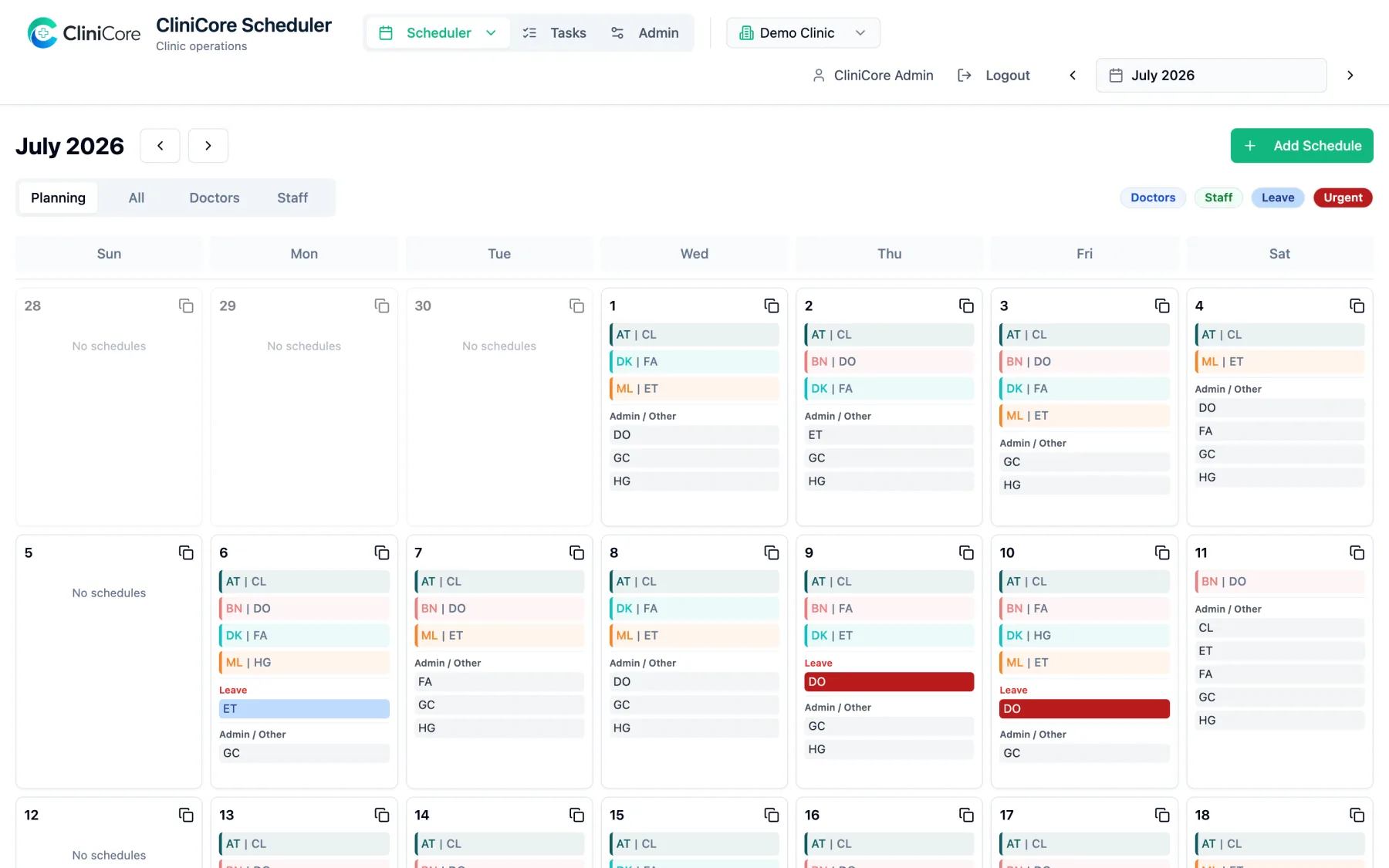 The monthly planning view: each calendar day lists doctor-assistant pairs and duty staff as compact colour chips, with leave called out
