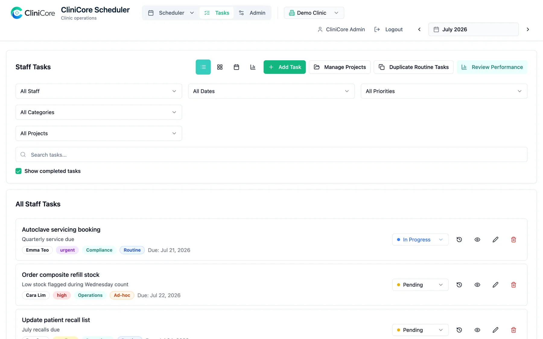 The staff tasks view: tasks with owner, priority, category and deadline chips, status dropdowns and performance review tools
